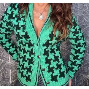 Handmade Crochet Houndstooth Cardigan Shawl Collar Button Front Sweater